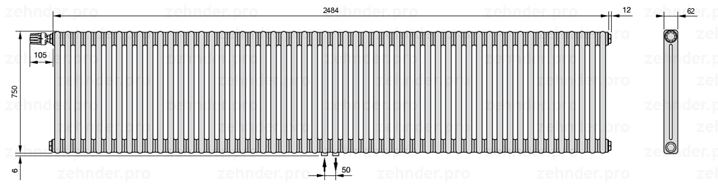 Схема (чертеж) Радиатор Zehnder Charleston 2075/54 №V007 Белый глянцевый RAL 9016
